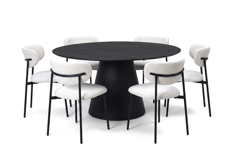 Siena spisegruppe rund 150 cm svart med 6 Lucy spisestoler, Svart