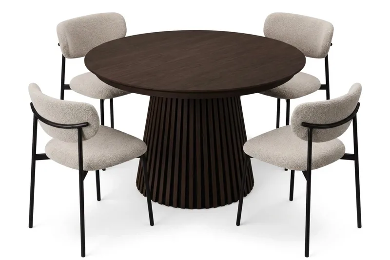 Spisegruppe Bark Peyra 120-220 cm Røkt eik Greige bouclé/metallben svart, undefined
