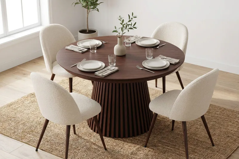 Spisegruppe Bark Peyra 120-220 cm Valnøtt Hvit bouclé/Metallben Valnøtt - Møbler - Bord - Spisegrupper