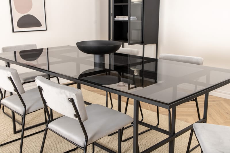 Spisegruppe Leria 200 cm inkl. 6 Kenth Fløyelsstoler - Glas/Svart/Lysegr�å - Møbler - Bord - Spisegrupper