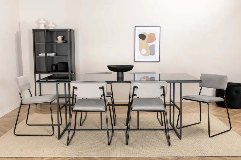 Spisegruppe Leria 200 cm inkl. 6 Kenth Fløyelsstoler, Glas/Svart/Lysegrå