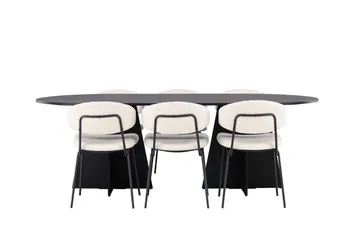 Spisegruppe Venture Home Bootcut ovalt spisebord – svart/svart finér + Chico spisestol – svart/hvit bouclé _6 Svart - Møbler - Bord - Spisegrupper