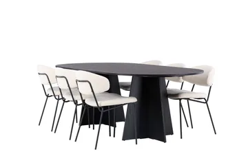 Spisegruppe Venture Home Bootcut ovalt spisebord – svart/svart finér + Chico spisestol – svart/hvit bouclé _6 Svart - Møbler - Bord - Spisegrupper