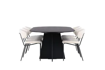 Spisegruppe Venture Home Bootcut ovalt spisebord – svart/svart finér + Chico spisestol – svart/hvit bouclé _6 Svart - Møbler - Bord - Spisegrupper