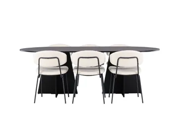 Spisegruppe Venture Home Bootcut ovalt spisebord – svart/svart finér + Chico spisestol – svart/hvit bouclé _6 Svart - Møbler - Bord - Spisegrupper