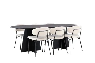 Spisegruppe Venture Home Bootcut ovalt spisebord – svart/svart finér + Chico spisestol – svart/hvit bouclé _6 Svart - Møbler - Bord - Spisegrupper