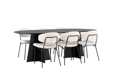 Spisegruppe Venture Home Bootcut ovalt spisebord – svart/svart finér + Chico spisestol – svart/hvit bouclé _6 Svart - Møbler - Bord - Spisegrupper