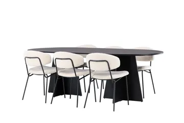 Spisegruppe Venture Home Bootcut ovalt spisebord – svart/svart finér + Chico spisestol – svart/hvit bouclé _6 Svart - Møbler - Bord - Spisegrupper