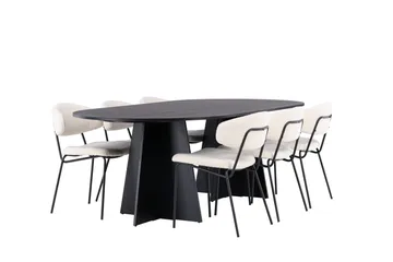 Spisegruppe Venture Home Bootcut ovalt spisebord – svart/svart finér + Chico spisestol – svart/hvit bouclé _6 Svart - Møbler - Bord - Spisegrupper
