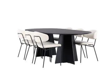 Spisegruppe Venture Home Bootcut ovalt spisebord – svart/svart finér + Chico spisestol – svart/hvit bouclé _6 Svart - Møbler - Bord - Spisegrupper