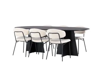 Spisegruppe Venture Home Bootcut ovalt spisebord – svart/svart finér + Chico spisestol – svart/hvit bouclé _6 Svart - Møbler - Bord - Spisegrupper