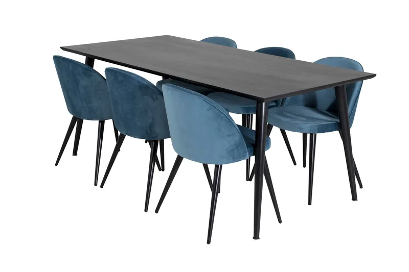 Spisegruppe Venture Home Dipp spisegruppe 180 cm rektangulær med 6 Velvet-stoler Svart/blå - Møbler - Bord - Spisegrupper