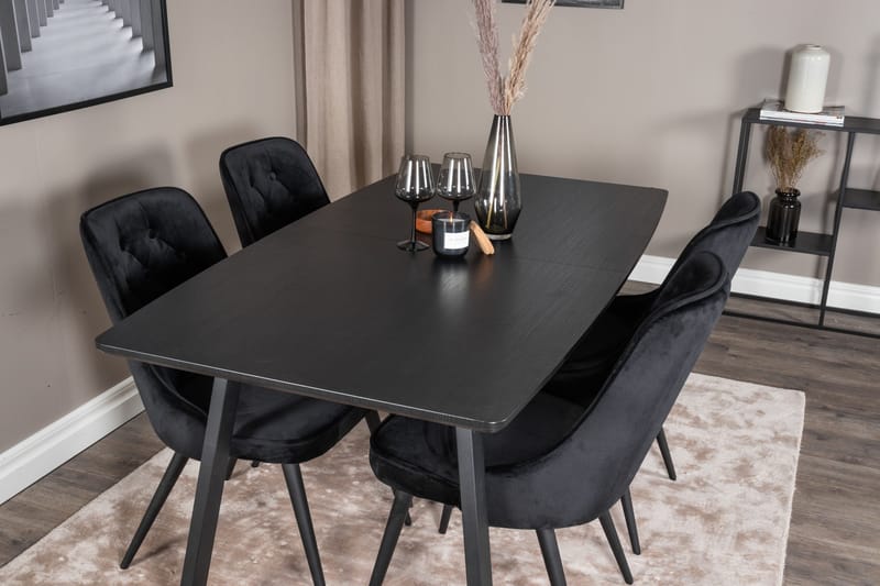 Spisegruppe Venture Home Inca spisegruppe uttrekkbar 160 cm rektangulær med 4 Velvet Deluxe-stoler Svart - Møbler - Bord - Spisegrupper