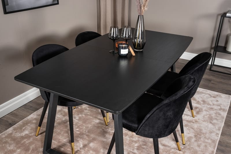 Spisegruppe Venture Home Inca spisegruppe uttrekkbar 160 cm rektangulær med 4 Velvet-stoler Svart2 - Møbler - Bord - Spisegrupper
