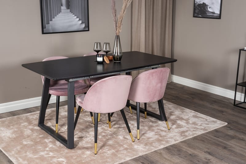 Spisegruppe Venture Home Inca spisegruppe uttrekkbar 160 cm rektangulær med 4 Velvet-stoler Svart/rosa - Møbler - Bord - Spisegrupper