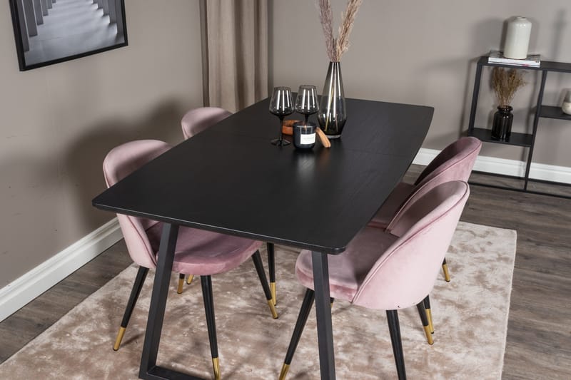 Spisegruppe Venture Home Inca spisegruppe uttrekkbar 160 cm rektangulær med 4 Velvet-stoler Svart/rosa - Møbler - Bord - Spisegrupper