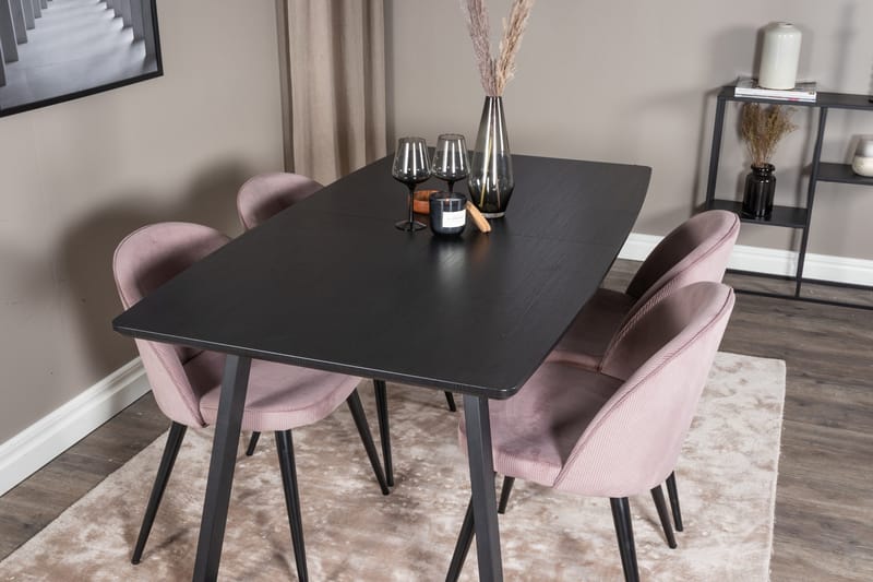 Spisegruppe Venture Home Inca spisegruppe uttrekkbar 160 cm rektangulær med 4 Velvet-stoler Svart/rosa2 - Møbler - Bord - Spisegrupper