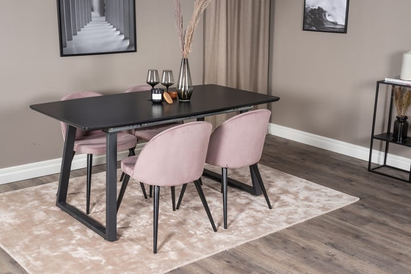 Spisegruppe Venture Home Inca spisegruppe uttrekkbar 160 cm rektangulær med 4 Velvet-stoler Svart/rosa2 - Møbler - Bord - Spisegrupper