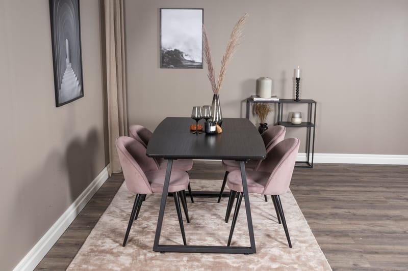 Spisegruppe Venture Home Inca spisegruppe uttrekkbar 160 cm rektangulær med 4 Velvet-stoler Svart/rosa2 - Møbler - Bord - Spisegrupper