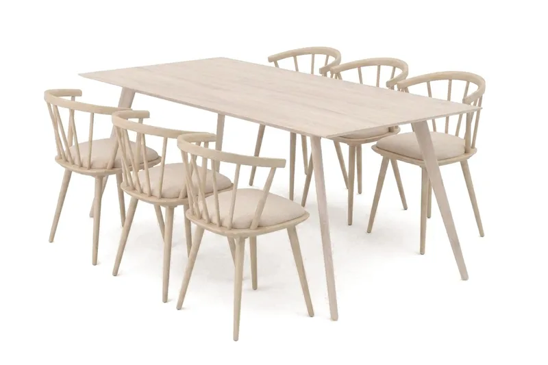 Tyrö spisegruppe 190 cm Whitewash med 6 stk. Tyrö karmstoler med pute, Whitewash