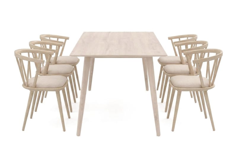 Tyrö spisegruppe 190 cm Whitewash med 6 stk. Tyrö karmstoler med pute - Whitewash - Møbler - Bord - Spisegrupper