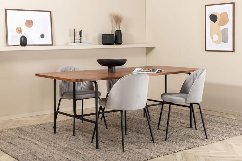 Unos Spisegruppe 200 cm inkl. 4 Foyos Stoler, Valnøttbrun/Svart/Grå