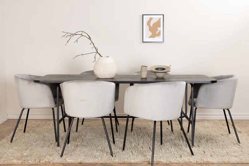 Unos Spisegruppe 200 cm inkl. 6 Berita Fløyelsstoler - Svart/Grå - Møbler - Bord - Spisegrupper