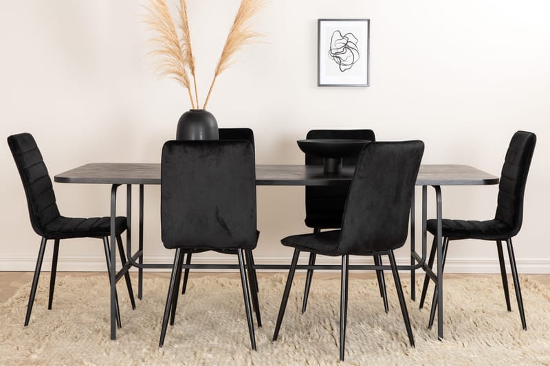 Unos Spisegruppe 200 cm inkl. 6 Robin Fløyelsstoler - Svart - Møbler - Bord - Spisegrupper