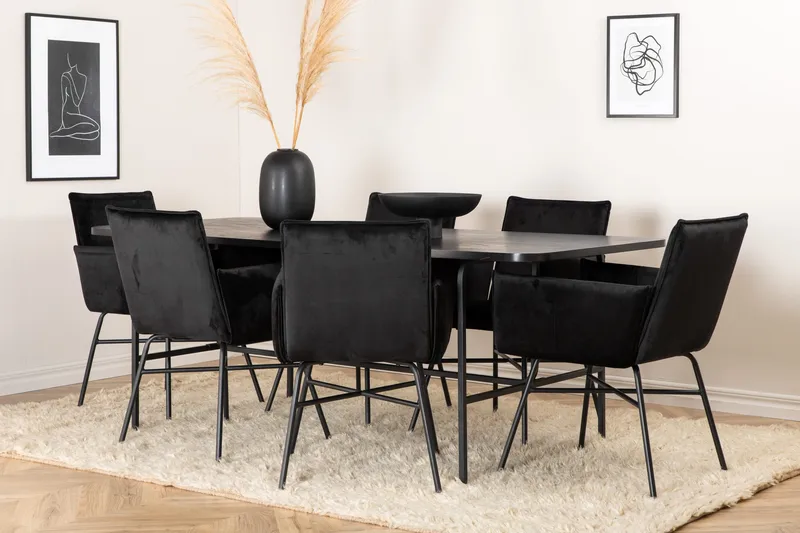 Unos Spisegruppe 200 cm inkl. 6 Pippi Stoler, Svart