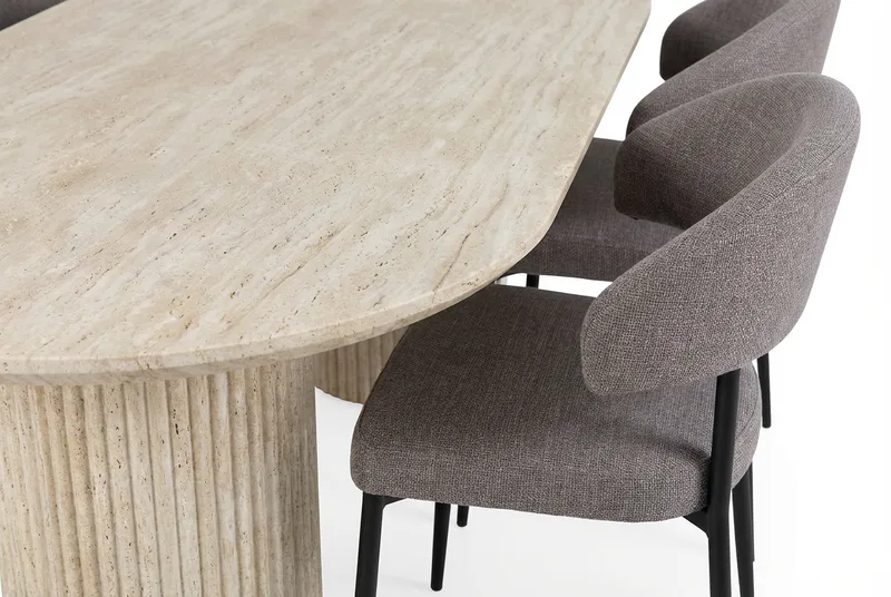 Uppveda Ovalt Spisebord 180x90 cm med 4 Sawako Greige Stoler - Travertin/Greige - Møbler - Bord - Spisegrupper