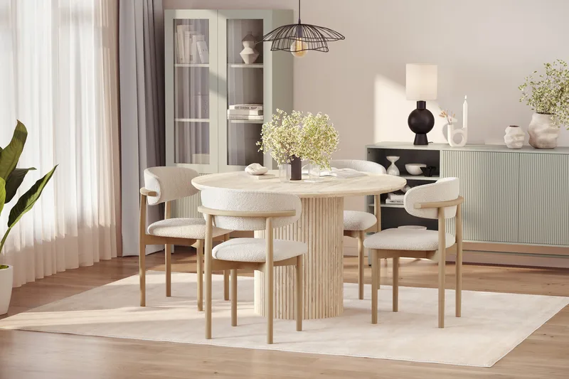 Uppveda Rundt Spisebord 120 cm med travertin-look med 4 stk Jaiveer Spisestoler - Beige - Møbler - Bord - Spisegrupper