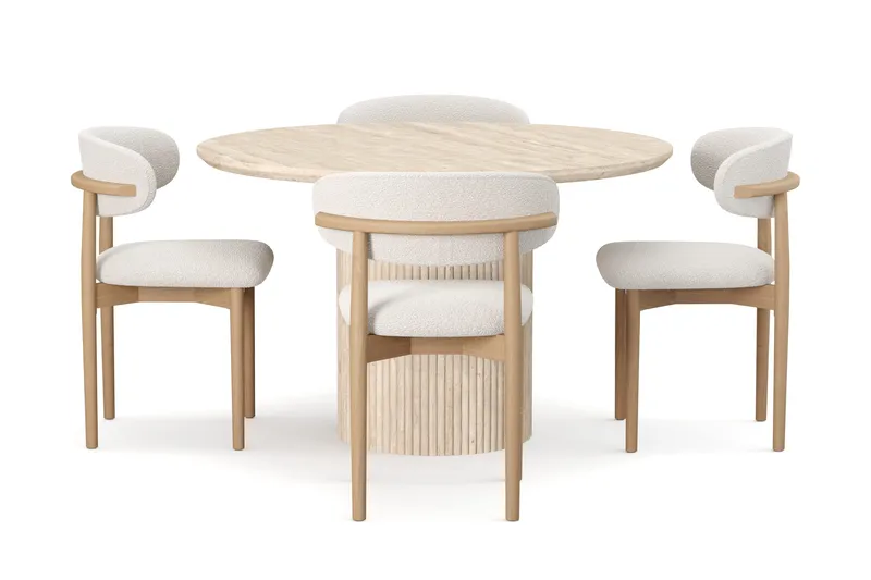 Uppveda Rundt Spisebord 120 cm med travertin-look med 4 stk Jaiveer Spisestoler - Beige - Møbler - Bord - Spisegrupper