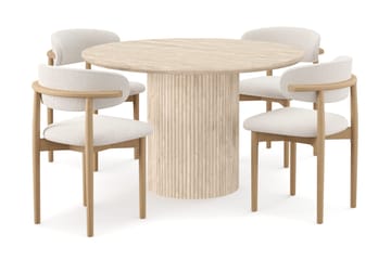 Uppveda Rundt Spisebord 120 cm med travertin-look med 4 stk Jaiveer Spisestoler - Beige - Møbler - Bord - Spisegrupper