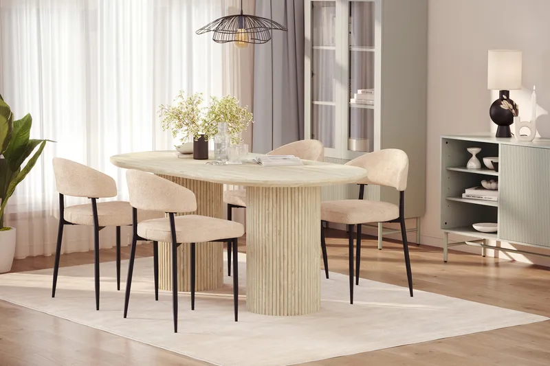Uppveda Spisebord med travertin-look med 4 stk Jairam Spisestoler - Beige - Møbler - Bord - Spisegrupper