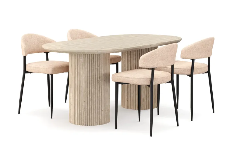 Uppveda Spisebord med travertin-look med 4 stk Jairam Spisestoler, Beige