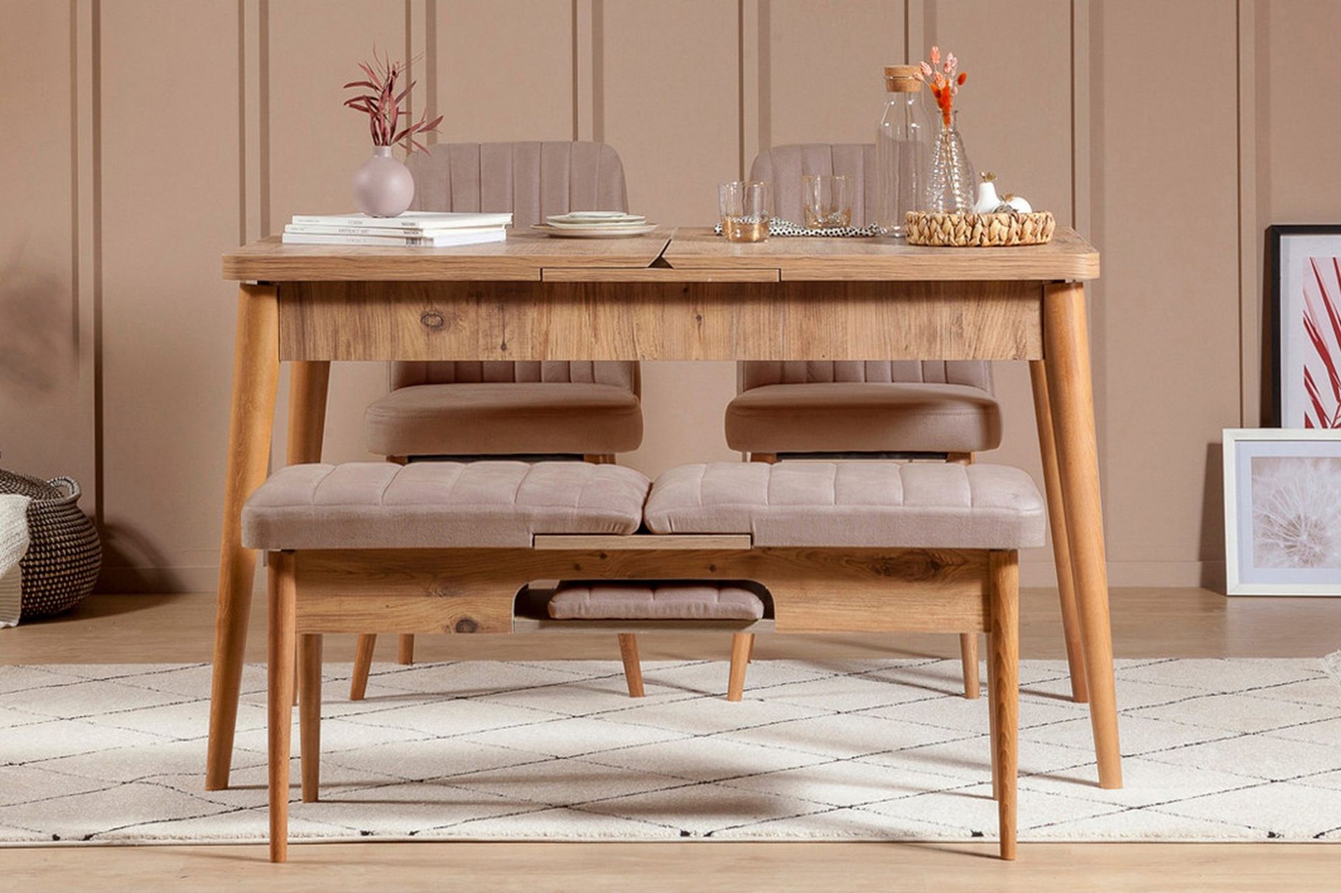 Valsot Forlengningsbar Spisegruppe 129 cm - Natur/Grå/Brun