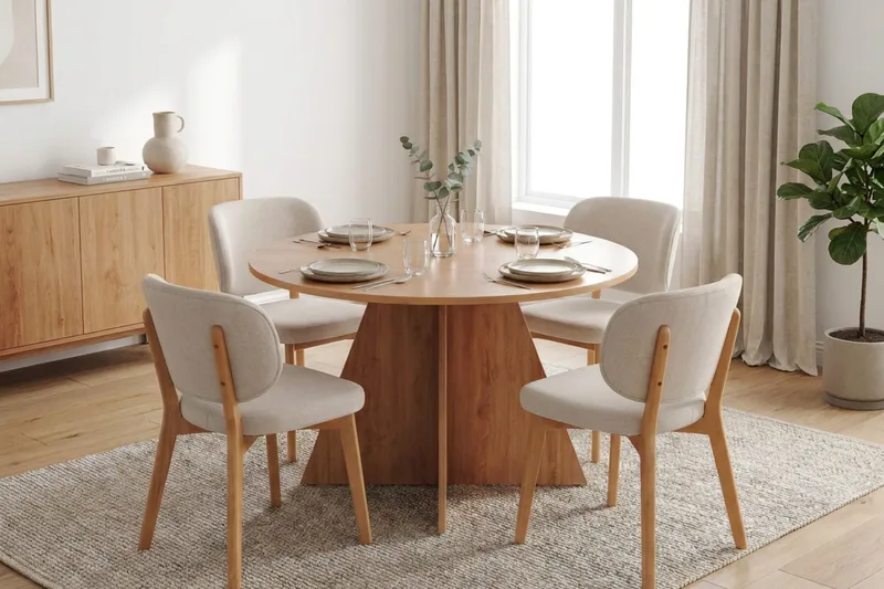 Vera Spisegruppe 110 cm rund i Eik med 4 Eira Spisestoler - Eik - Møbler - Bord - Spisegrupper