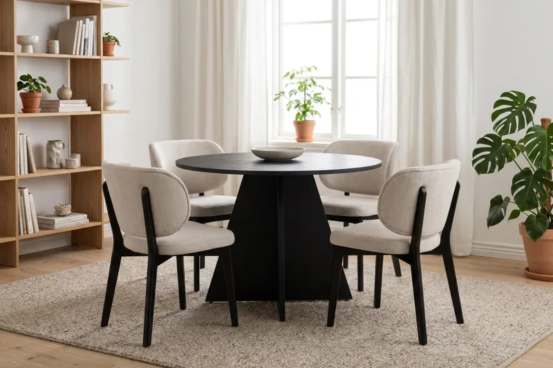 Vera Spisegruppe 110 cm rund i Svart med 4 Eira Spisestoler - Svartbeiset eik - Møbler - Bord - Spisegrupper