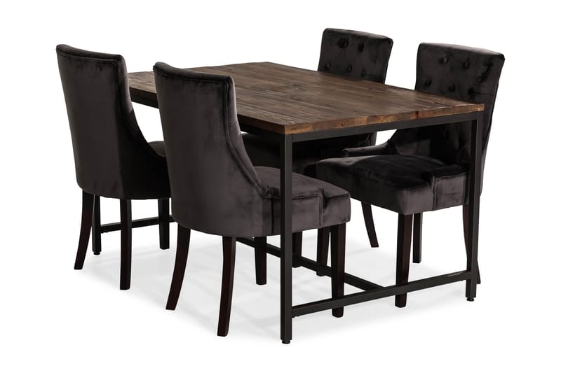 Wilmer Spisegruppe 140 cm med 4 Viktoria Lenestol Fløyel - Rustikk Alm/Svart/Grå/Svart - Møbler - Bord - Spisegrupper