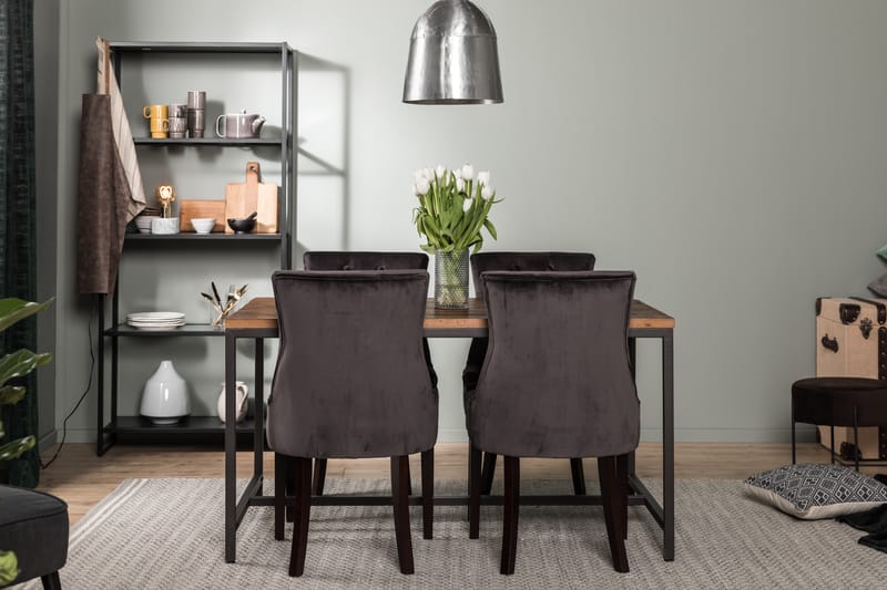 Wilmer Spisegruppe 140 cm med 4 Viktoria Lenestol Fløyel - Rustikk Alm/Svart/Grå/Svart - Møbler - Bord - Spisegrupper