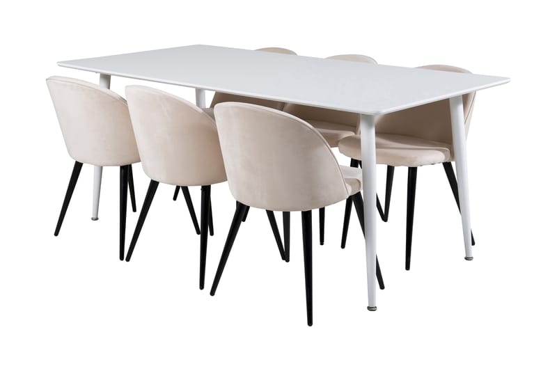 Ypas Spisegruppe 180 cm inkl. 6 Valeri Stoler, Hvit/Fløyel/Beige