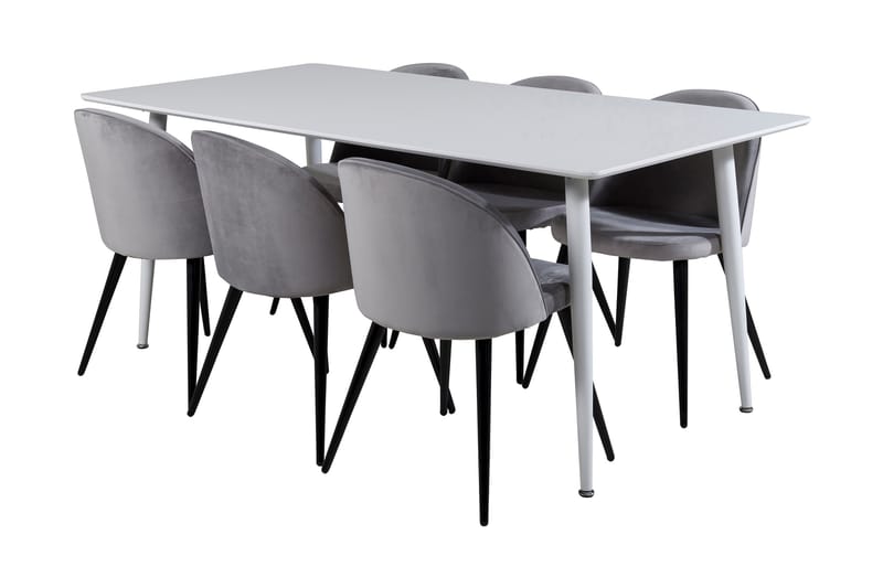 Ypas Spisegruppe 180 cm inkl. 6 Valeri Stoler, Hvit/Fløyel/Lysegrå/Svart