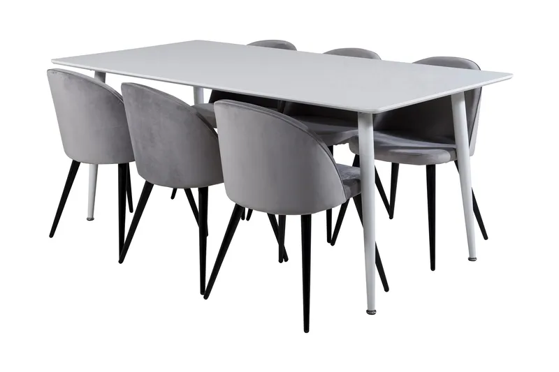 Ypas Spisegruppe 180 cm inkl. 6 Valeri Stoler, Hvit/Fløyel/Lysegrå/Svart