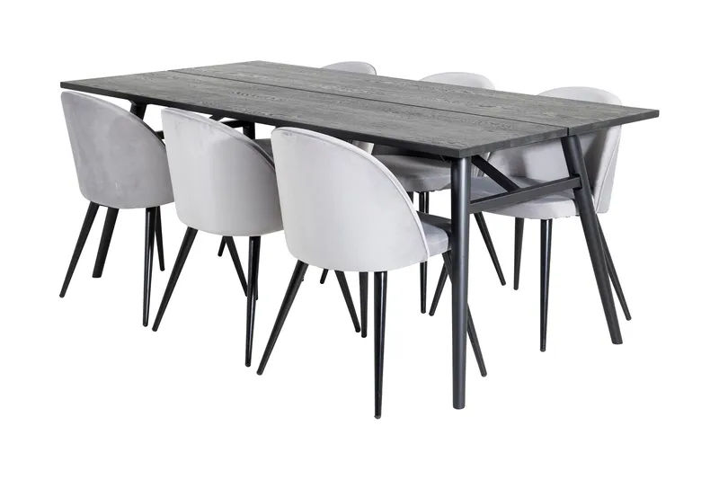 Zenazmi Spisegruppe 195 cm inkl. 6 Valerie Fløyelsstoler, Svart/Lysegrå