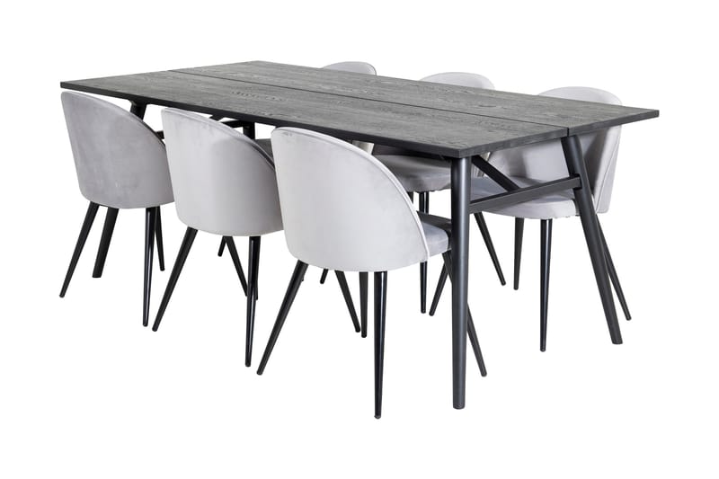 Zenazmi Spisegruppe 195 cm inkl. 6 Valerie Fløyelsstoler, Svart/Lysegrå