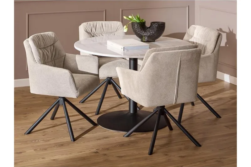 Stabby Rund Spisegruppe 110 cm + 4 stk. Spisestoler, Svart/Hvit/Beige