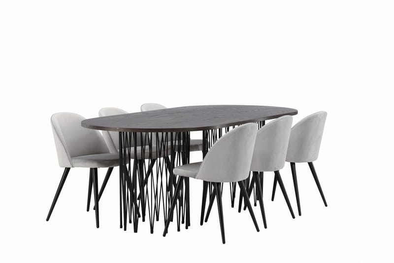 Stone Spisegruppe 220 cm Rektangulær med 6 Velvet Stoler - Grå - Møbler - Bord - Spisegrupper