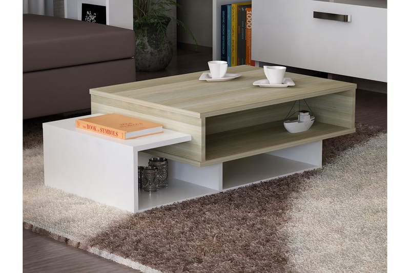 Tabate Sofabord 105 cm med Oppbevaringshyller - Hvit/Natur - Sofabord