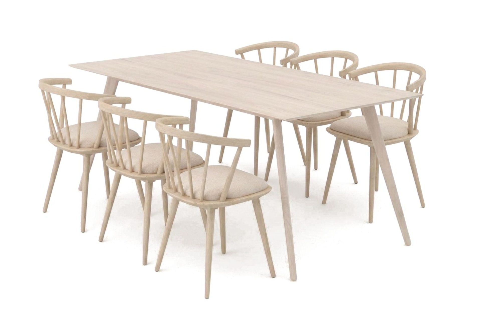 Tyrö spisegruppe 190 cm Whitewash med 6 stk. Tyrö karmstoler med pute - Hvitbeiset eik