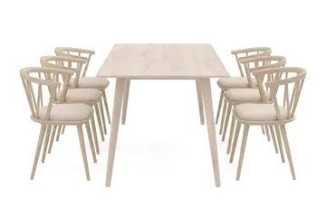 Tyrö spisegruppe 190 cm Whitewash med 6 stk. Tyrö karmstoler med pute - Hvitbeiset eik - Møbler - Bord - Spisegrupper